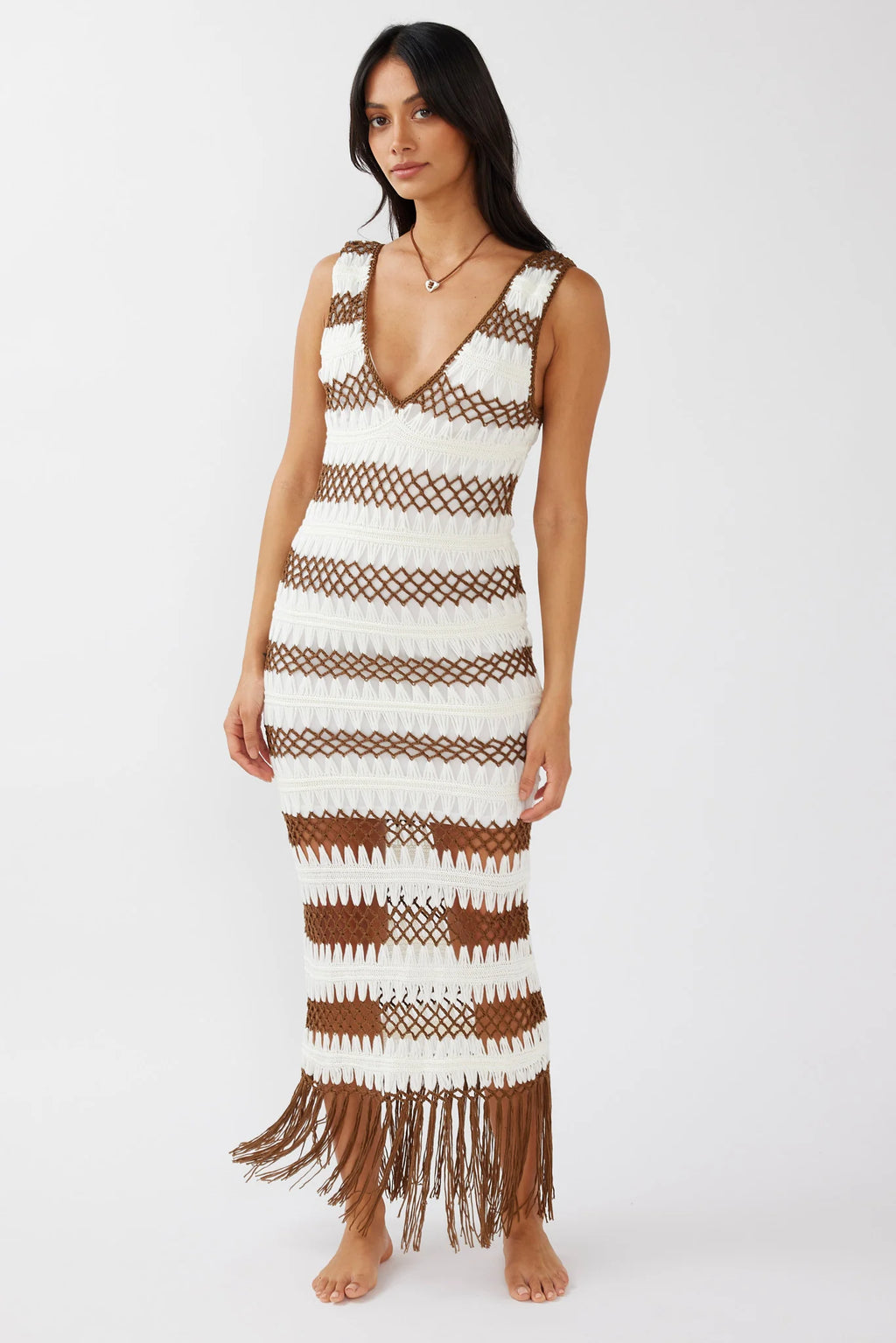 Ximena Tassel Hem Crochet Midi Dress White/Mocha
