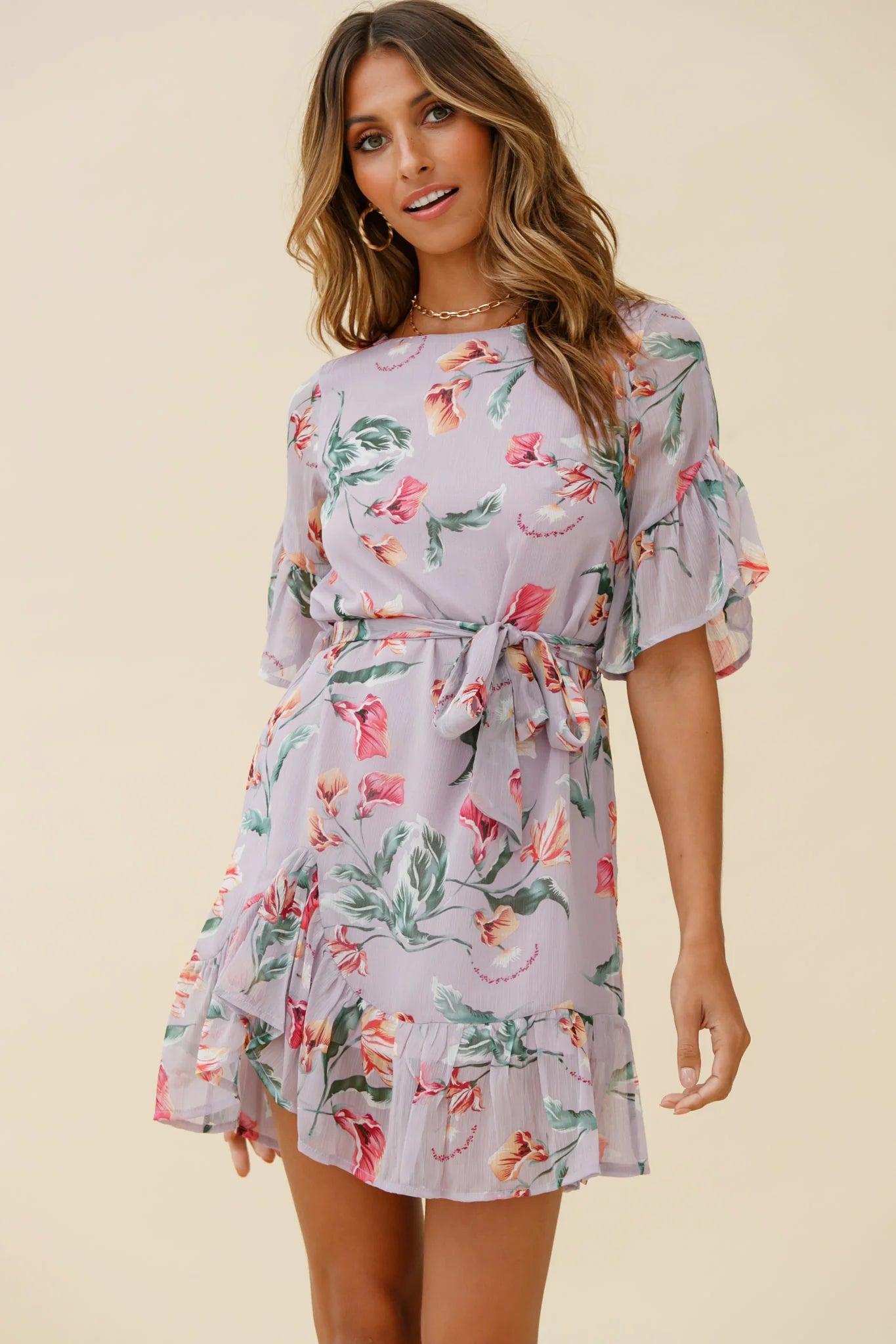 Azealia Ruffle Hem Dress Botanic Print Purple