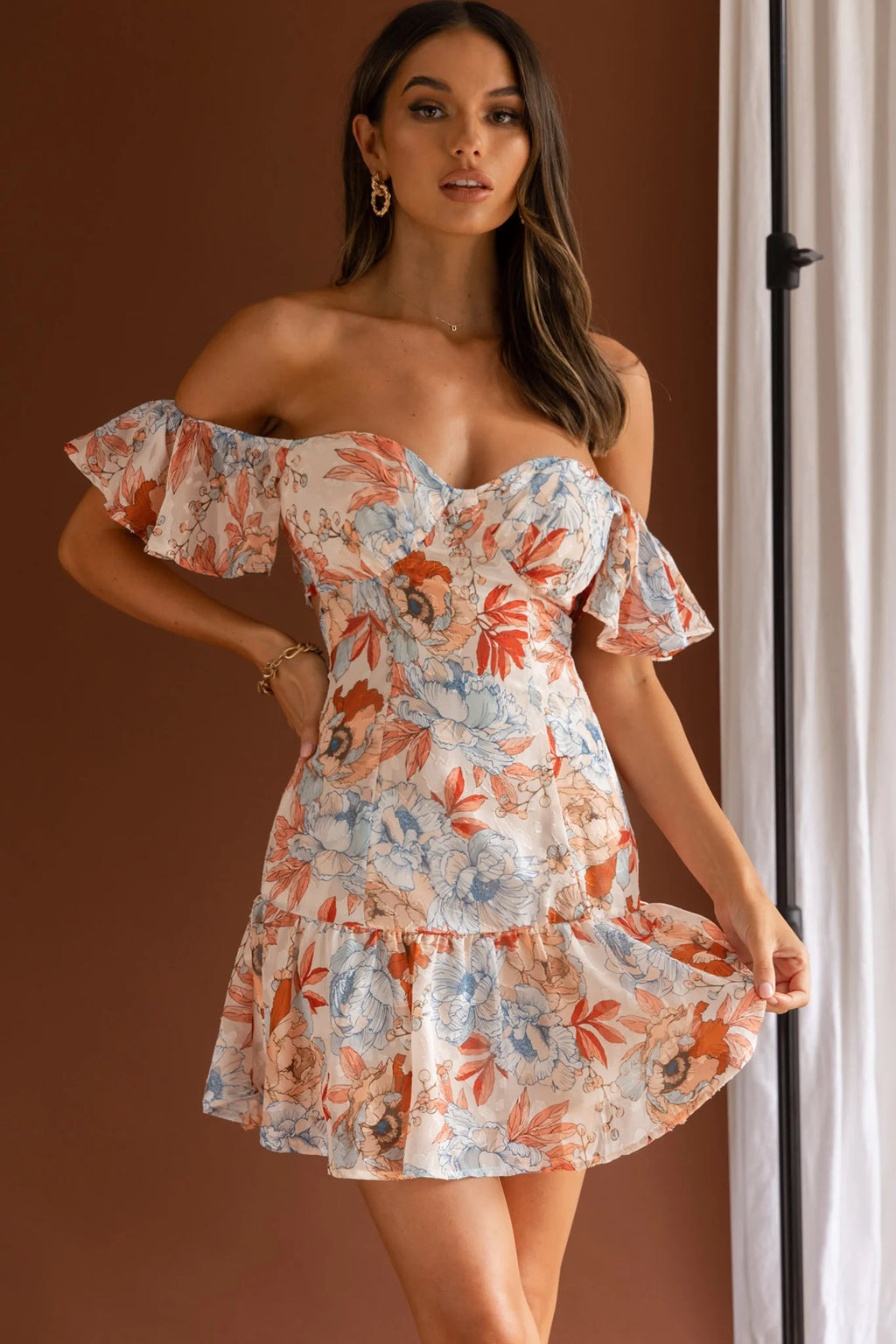Park Avenue Flutter Sleeve Mini Dress Floral Peach
