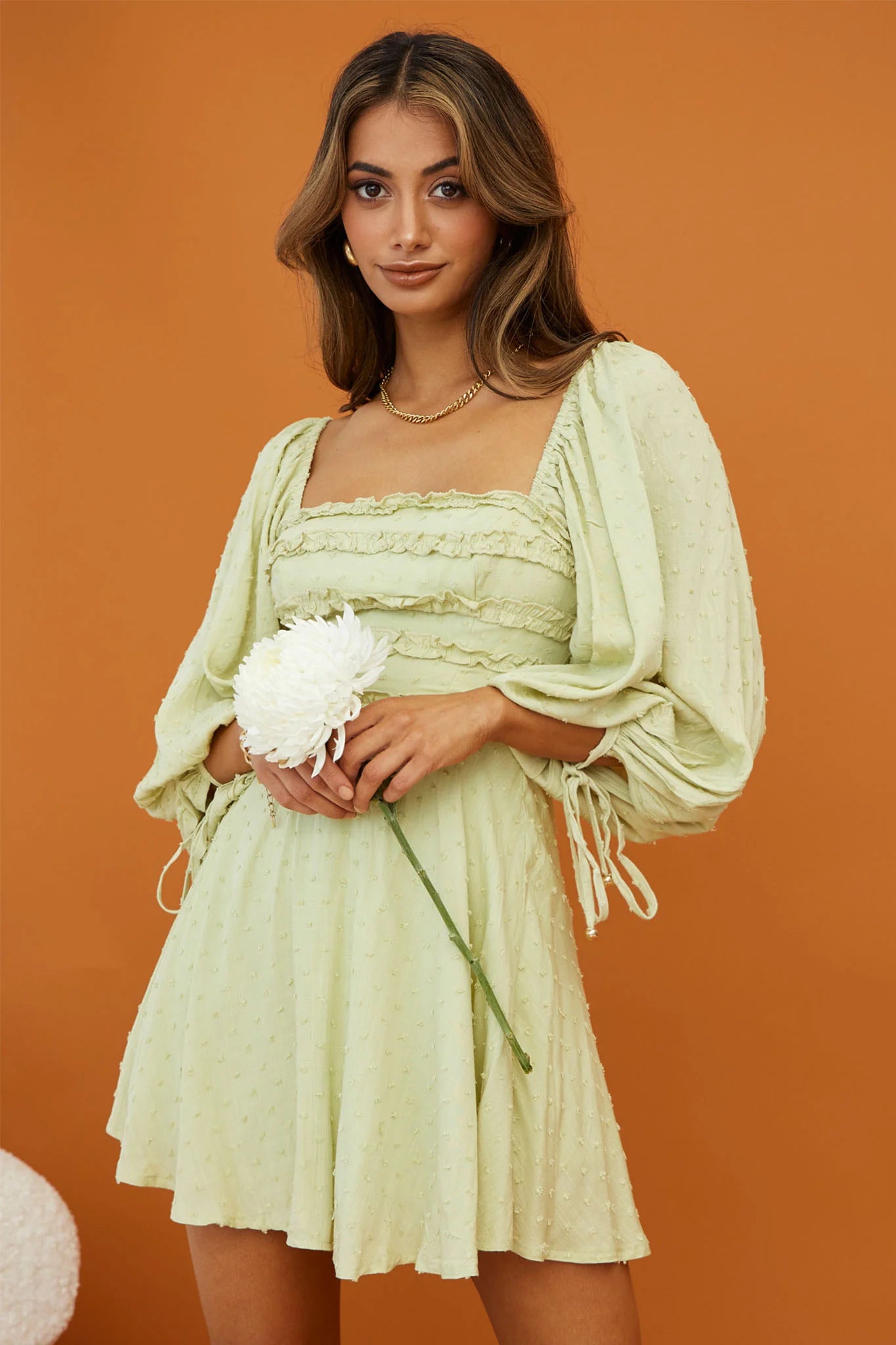 Illia Three-Quarter Balloon Sleeve Frill Bodice Dress Apple