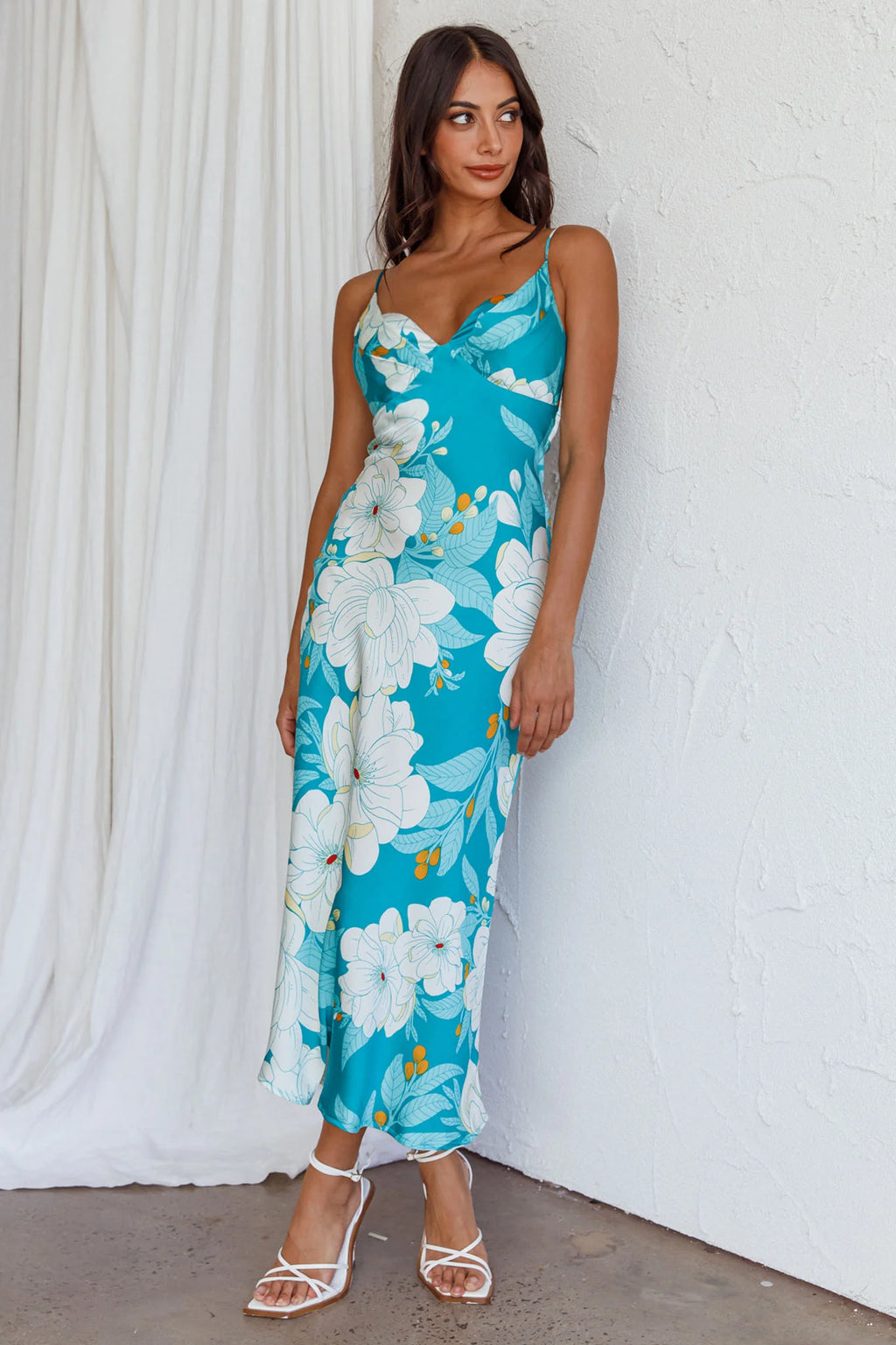 Infinity Pintuck Bust Midi Dress Flower Teal