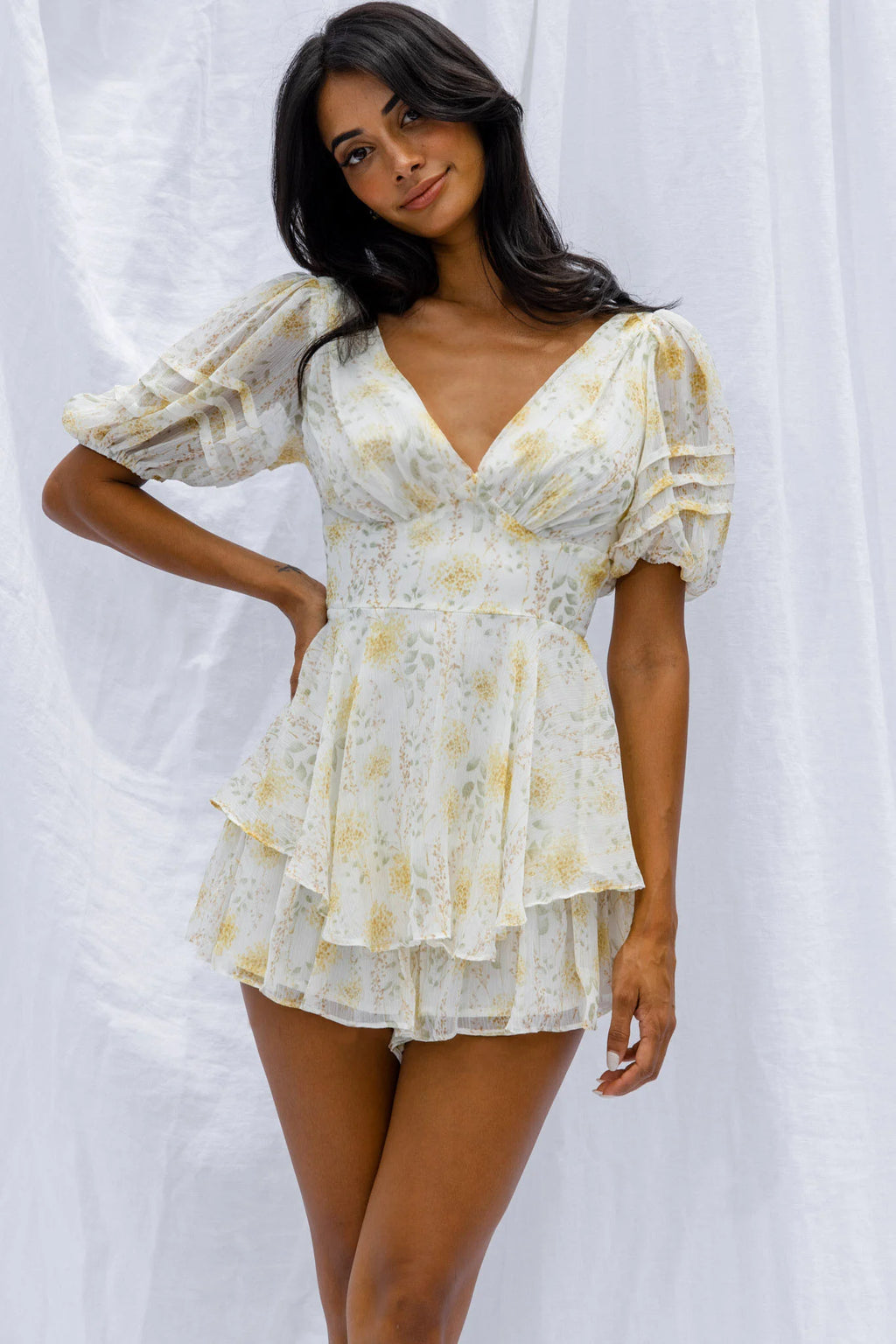 Sun Drops Puff Sleeve Keyhole Back Romper Floral Print Mint