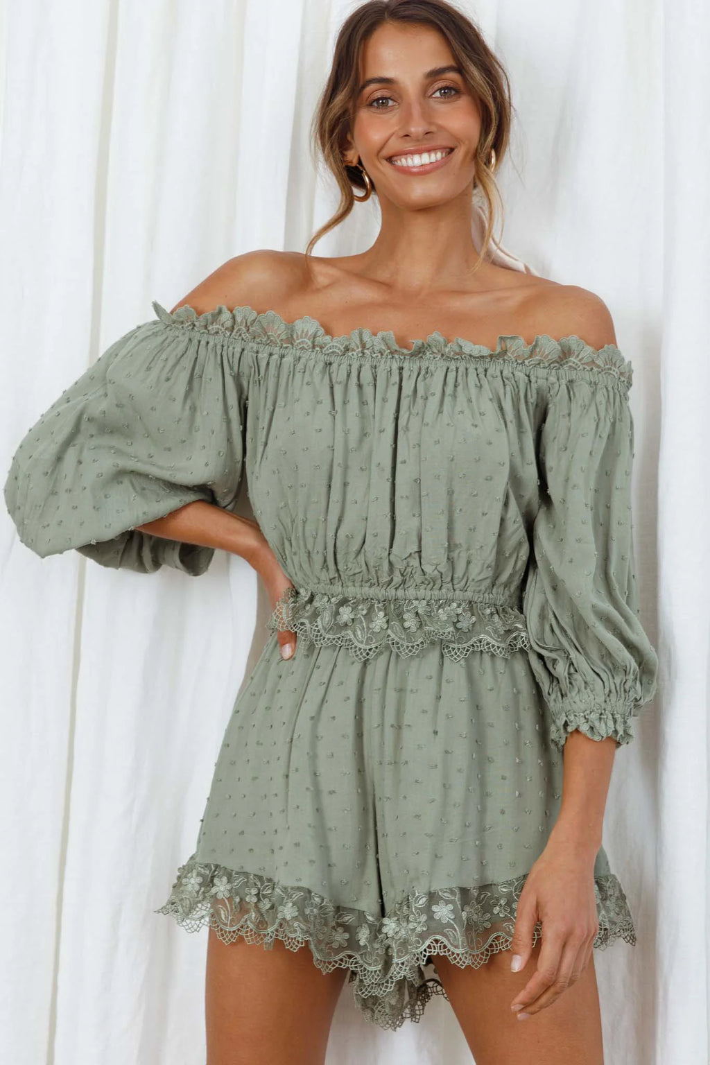 Romilly Scalloped Lace Trim Off-Shoulder Top Olive