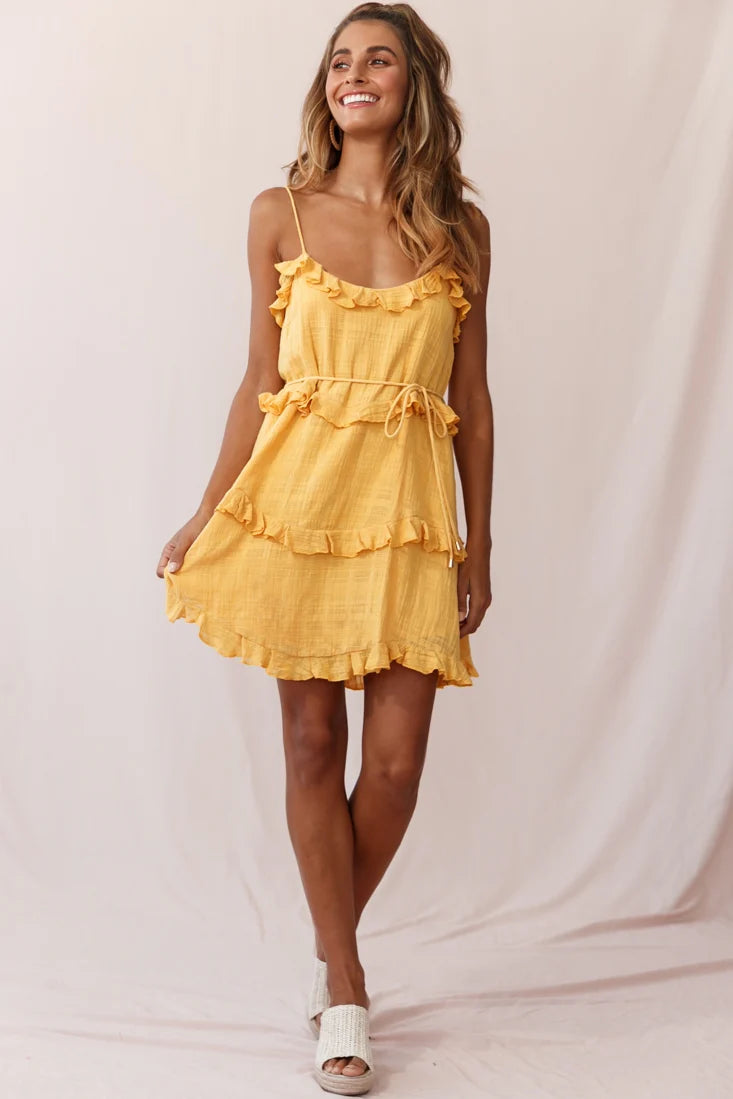 Maria Frill Trim Spaghetti Strap Dress Mustard