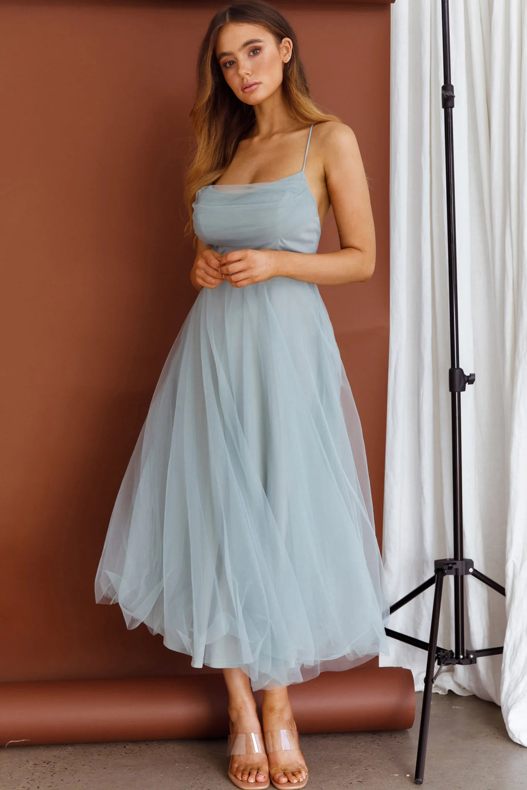 Floating By Pleated Neckline Mesh Midi Dress Sage