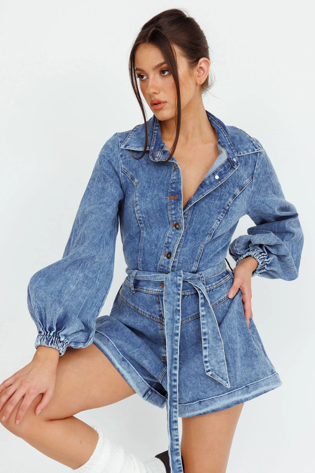 New Day Long Sleeve Button-Up Romper Denim