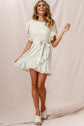 Taya Ruffle Shoulder Waist Tie Dress Beige