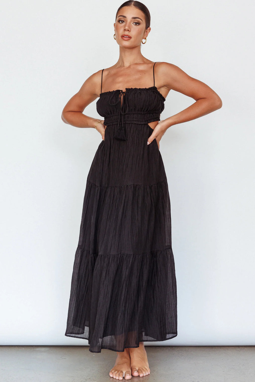 Eyona Cut-Out Waist Tie Maxi Dress Black