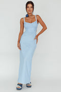 Dream Crush Lace-Up Back Mesh Overlay Midi Dress Blue
