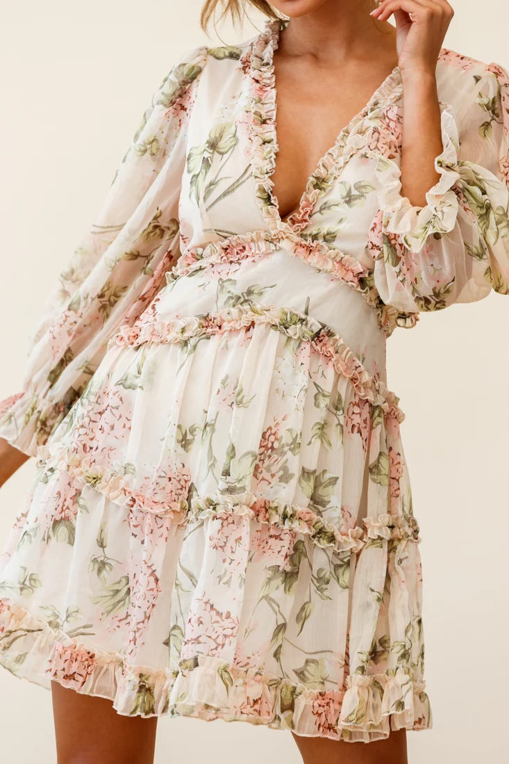 Laney Cutout Back Ruffle Trim Dress Hydrangea Print Nude