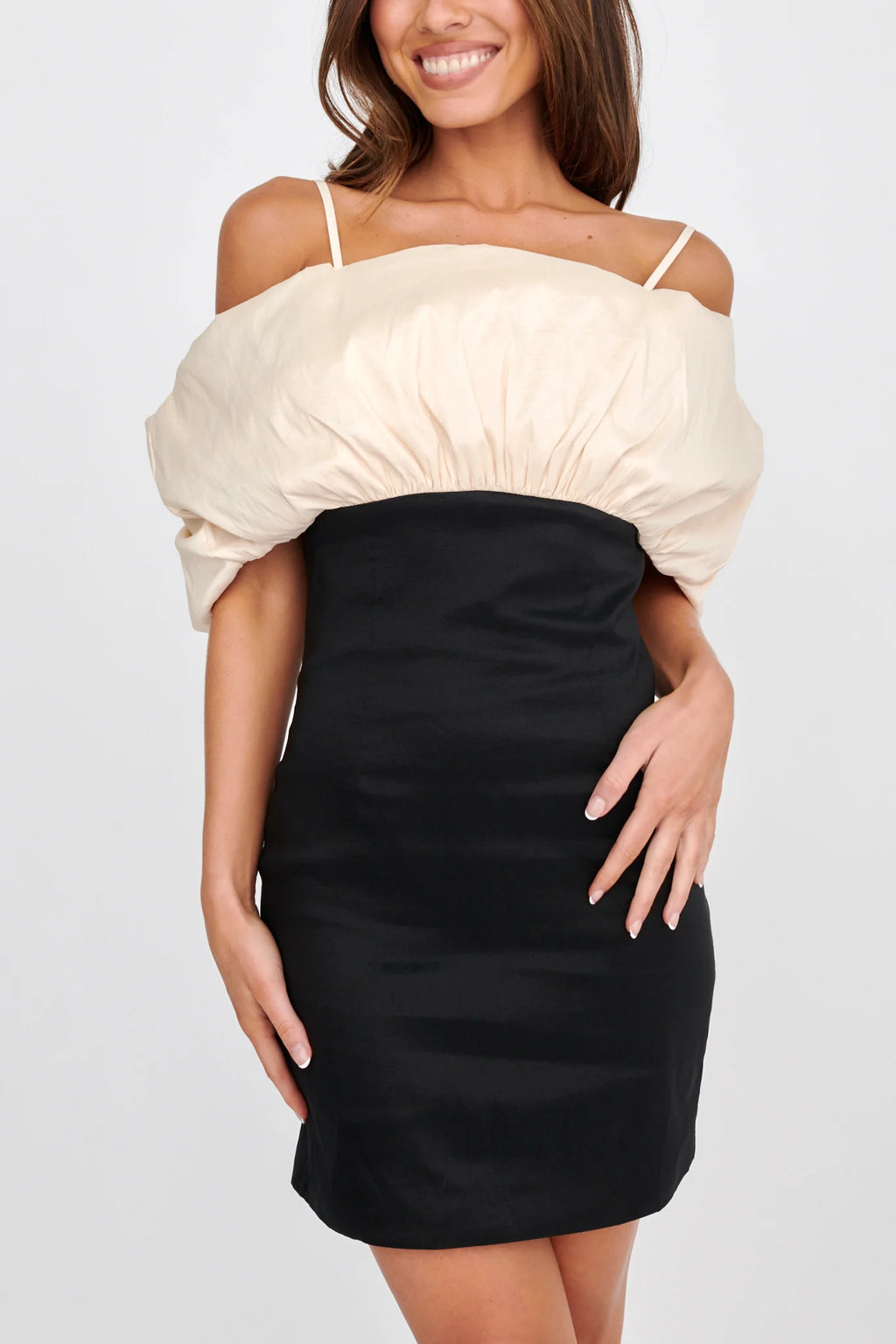 Cosima Puffed Neckline Mini Dress Black/Champagne