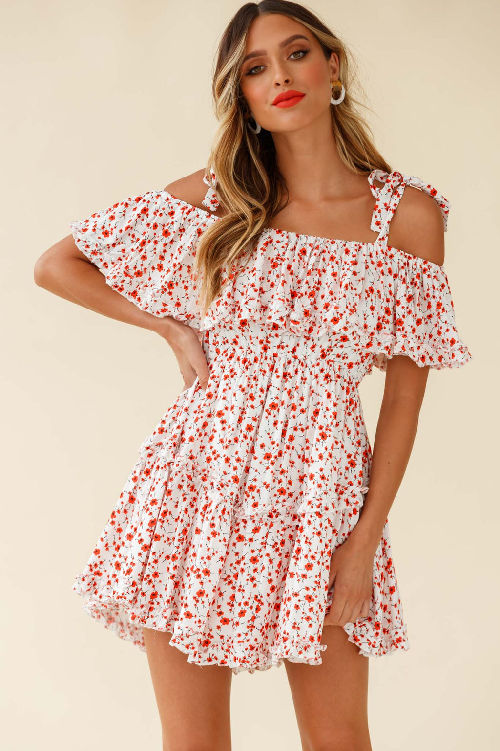 Hacienda Bardot Neckline Frill Dress Floral Print White