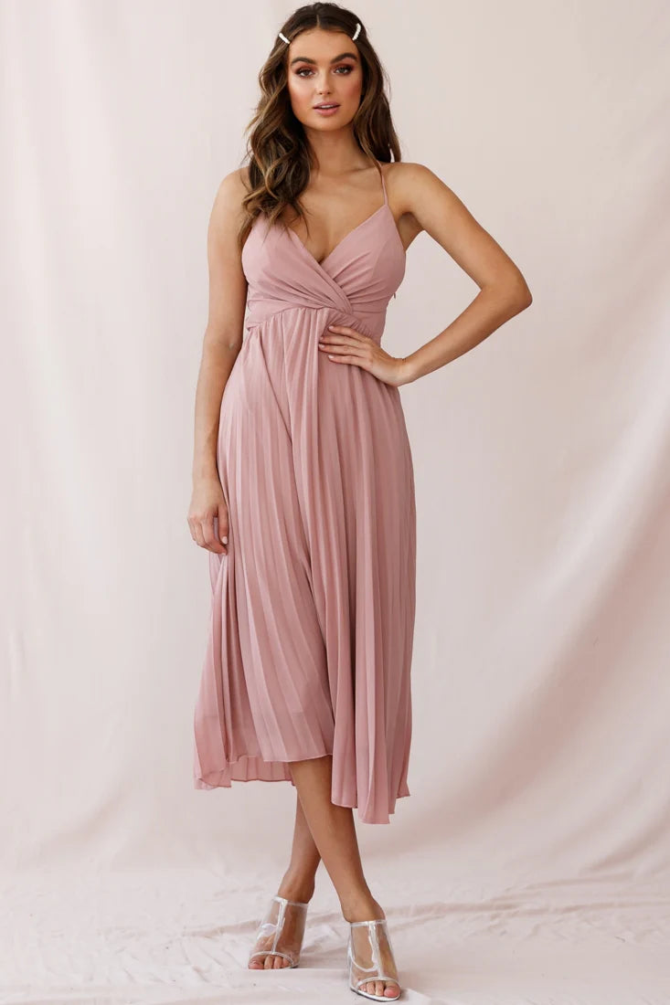 Artemis Accordion Pleat Strappy Back Midi Dress Blush