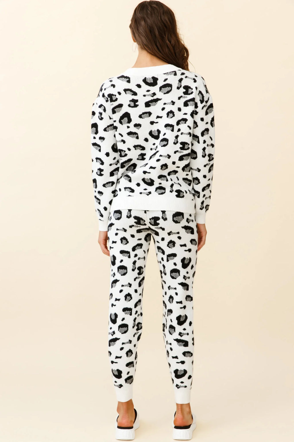 Chase The Moon V-Neck Sweater & Pants Set White Leopard Print