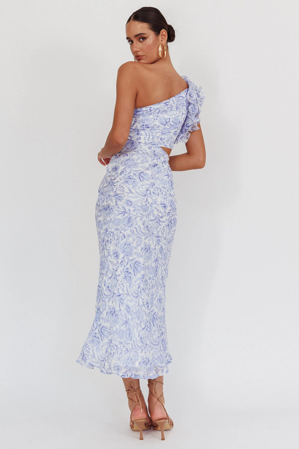 Deanna One-Shoulder Ruffle Midi Dress Floral Blue