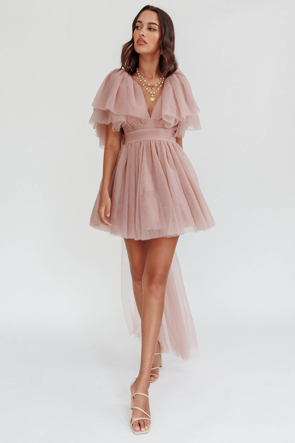 Star Power Tulle Train Mini Dress Blush