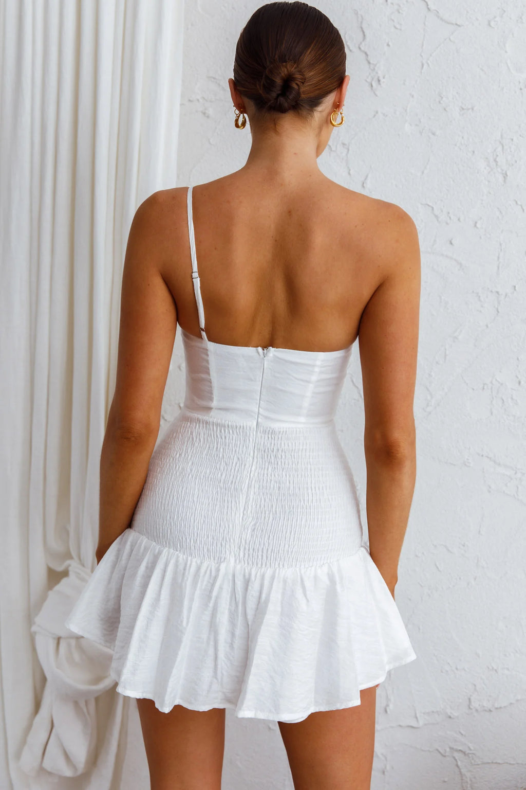 Bridie One Shoulder Shirred Mini Dress White