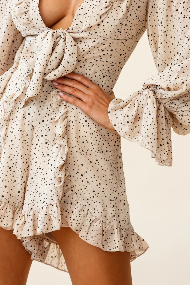 Tell Me More Balloon Sleeve Tie-Front Romper Spot Print Mocha