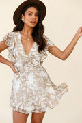Say That Again Ruffle Shoulder Dress Ornate Floral Print Beige