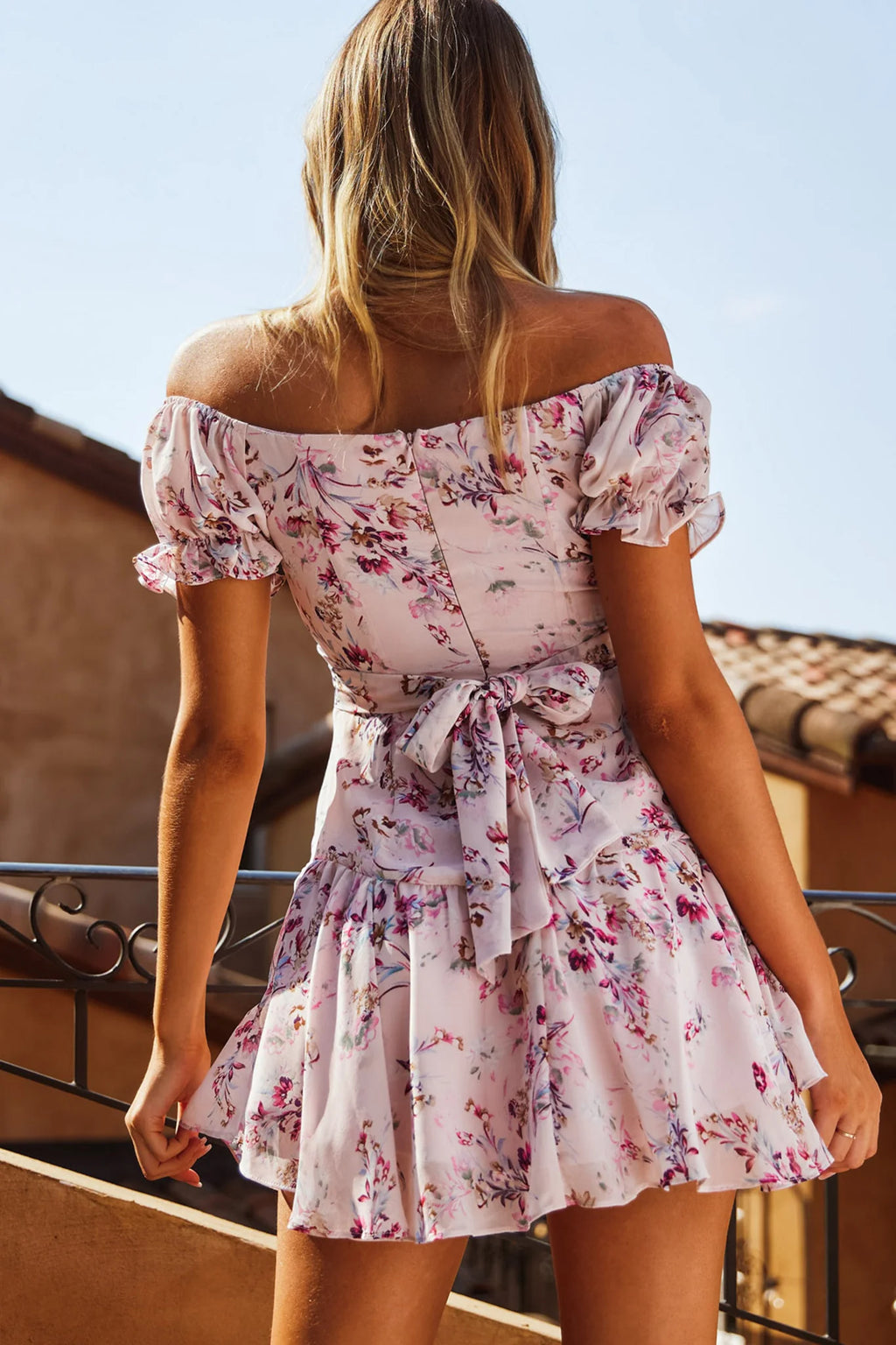 Linka Off-Shoulder Tie Back Fluted Hem Dress Ornate Floral Print Pink