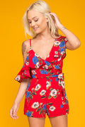 Daleyza Ruffled Floral Romper Red & Blue
