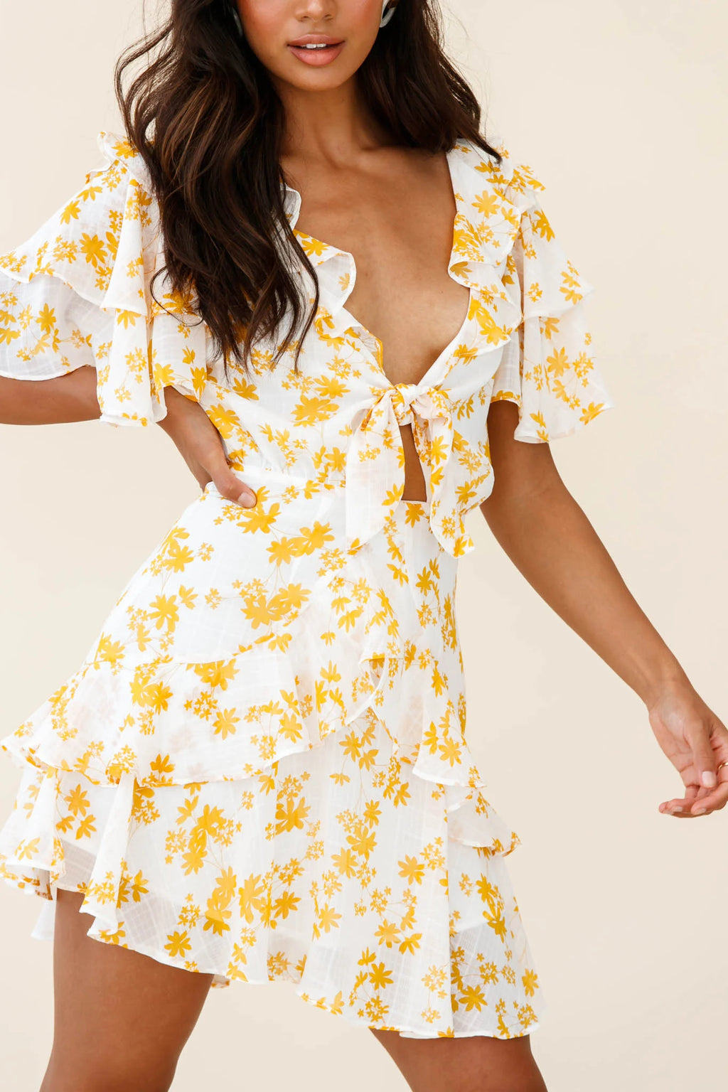 Aubrey Tied Bust Ruffle Trim Dress Floral Print Yellow