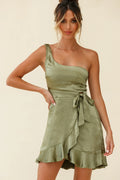 Waiting For Tonight One Shoulder Faux Wrap Dress Olive