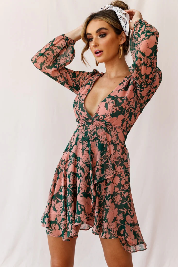 Wisteria Lane Long Sleeve Tea Dress Forest Green