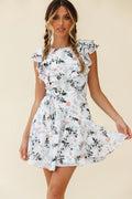Wilton Ruffle Shoulder A-Line Dress Floral Print White