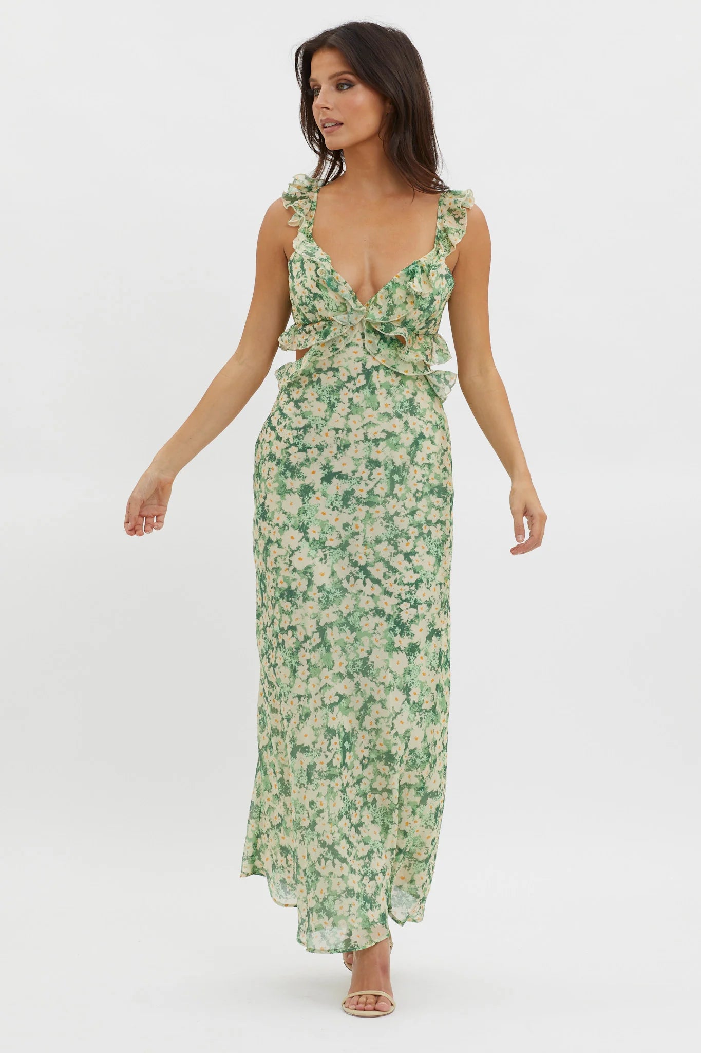 Second Chances Ruffle Trim Maxi Dress Flowers Green