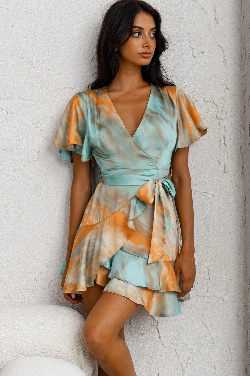 Cami Angel Sleeve Faux Wrap Dress Tie-Dye Print Aqua/Orange