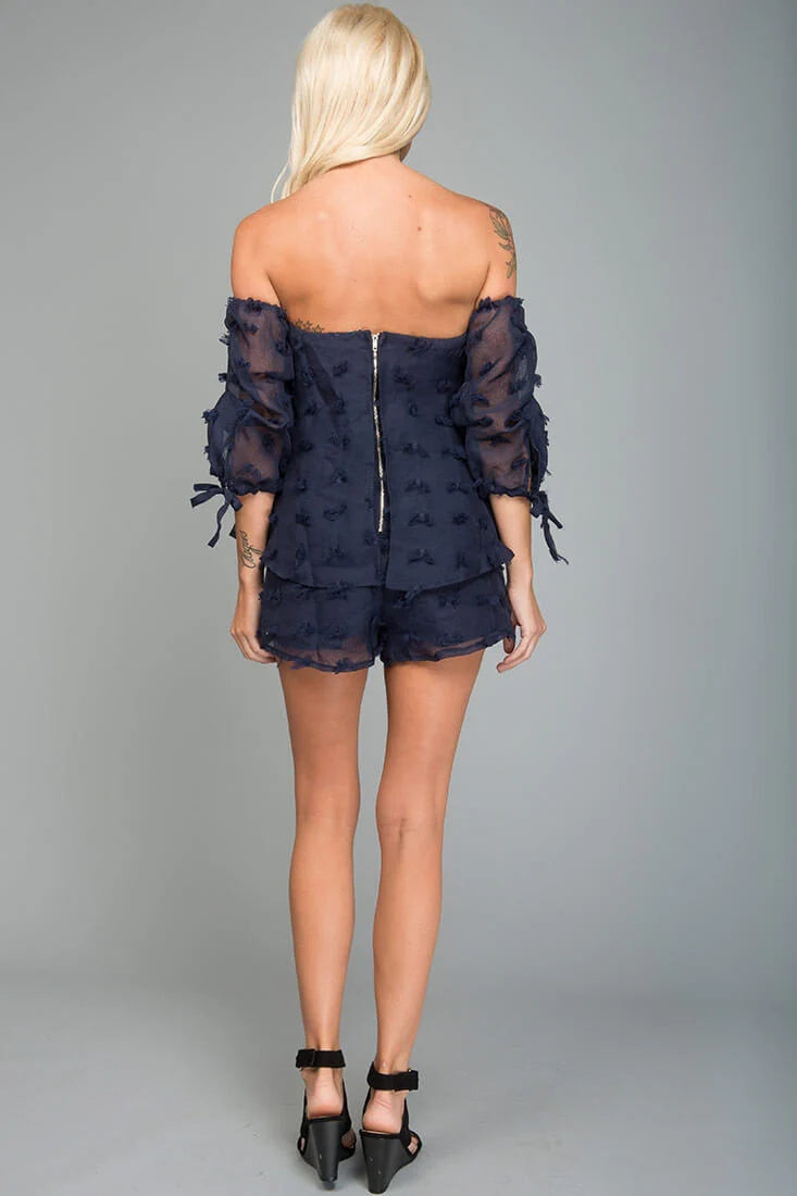 Stefani Heart Shaped Off the Shoulder Romper Navy