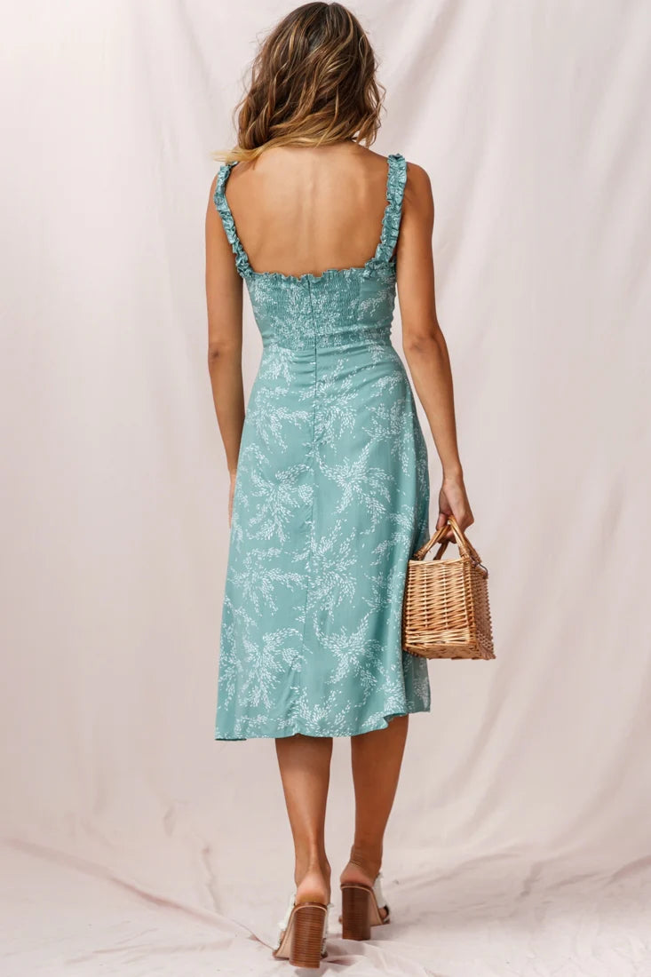 Magdalene Frill Strap A-Line Midi Dress Sage