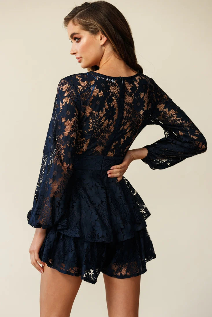 Maddox Fit & Flare Long Sleeve Romper Floral Lace Navy