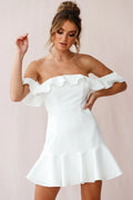 Ondine Bardot Neckline Fluted Hem Dress White