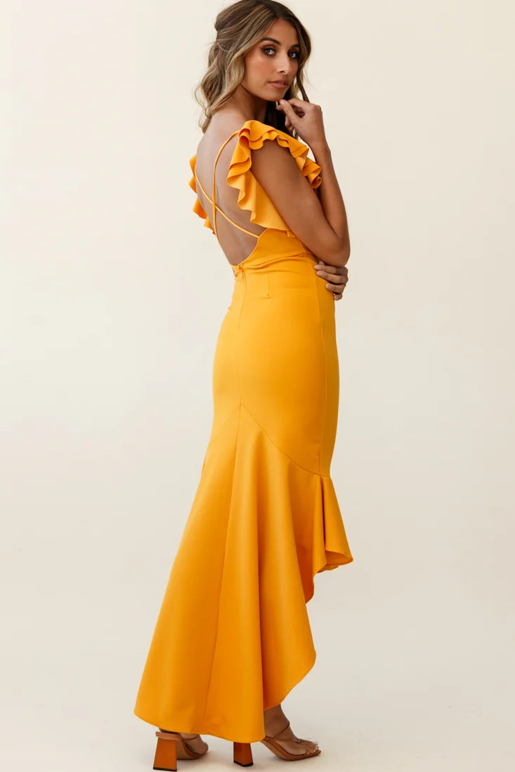 Pearl Ruffle Strap High-Low Hem Dress Mustard