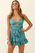 Meet Me Halfway Cut-Out Bust Waist Tie Romper Floral Print Sage