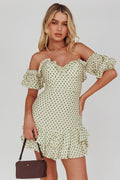 Homecoming Queen Sweetheart Neckline Puff Sleeve Dress Polka Dot Green