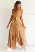 Taylor V-Neck Split Wide Leg Jumpsuit Stripe Print Mustard