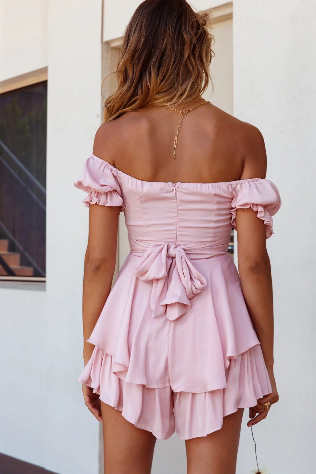 Linka Off-Shoulder Tie Back Romper Blush