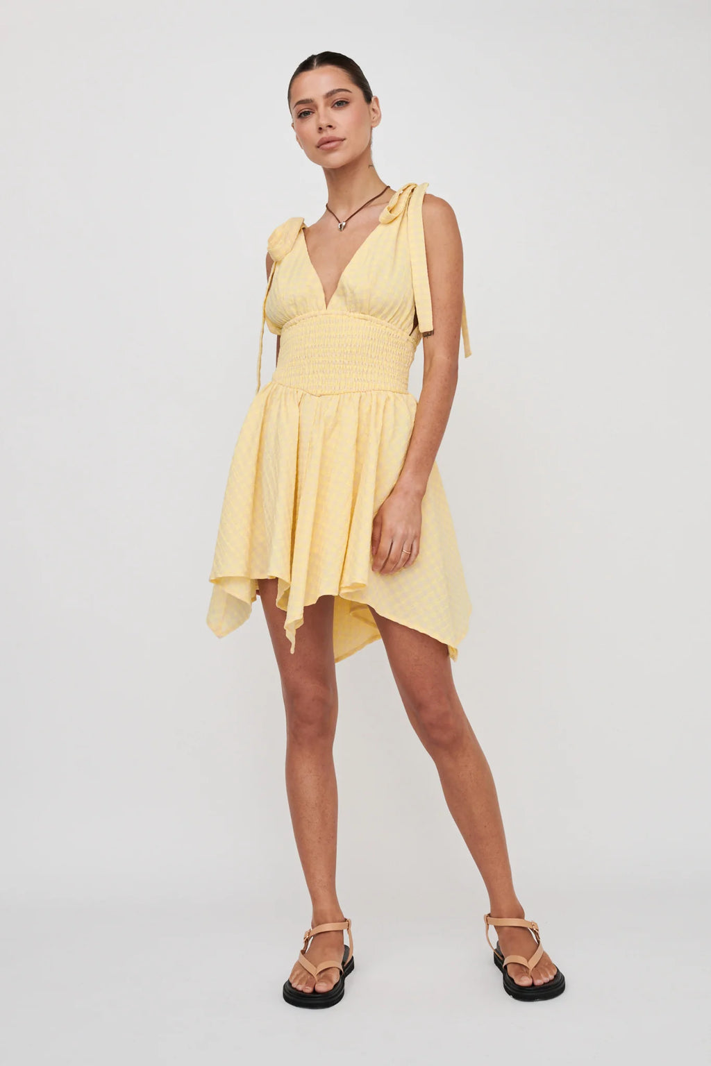 Lido Tied Shoulder Shirred Romper Lemon