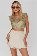 Dreamy On Or Off-Shoulder Frill Crop Top Beige/Olive