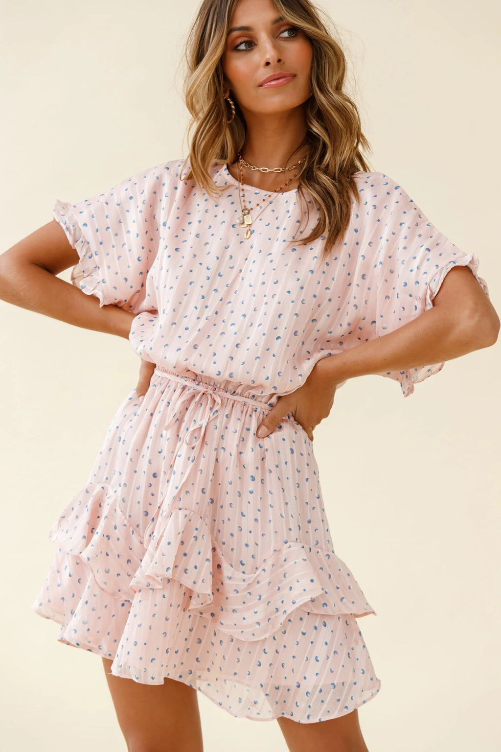 Mollina Frill Sleeve Layered Hem Dress Spot Print Blush