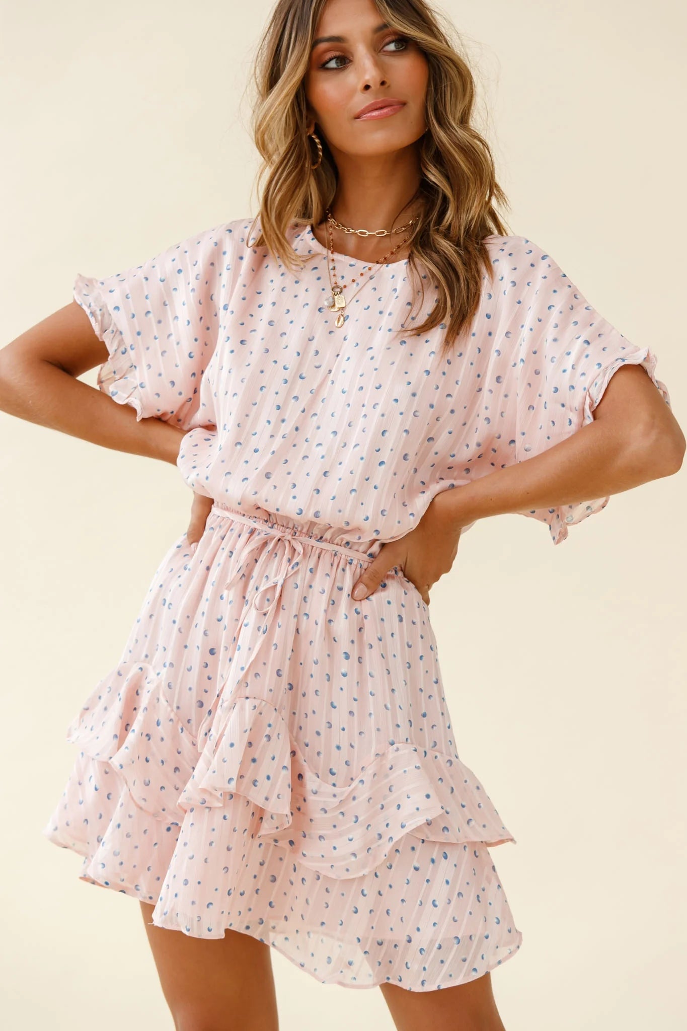 Mollina Frill Sleeve Layered Hem Dress Spot Print Blush