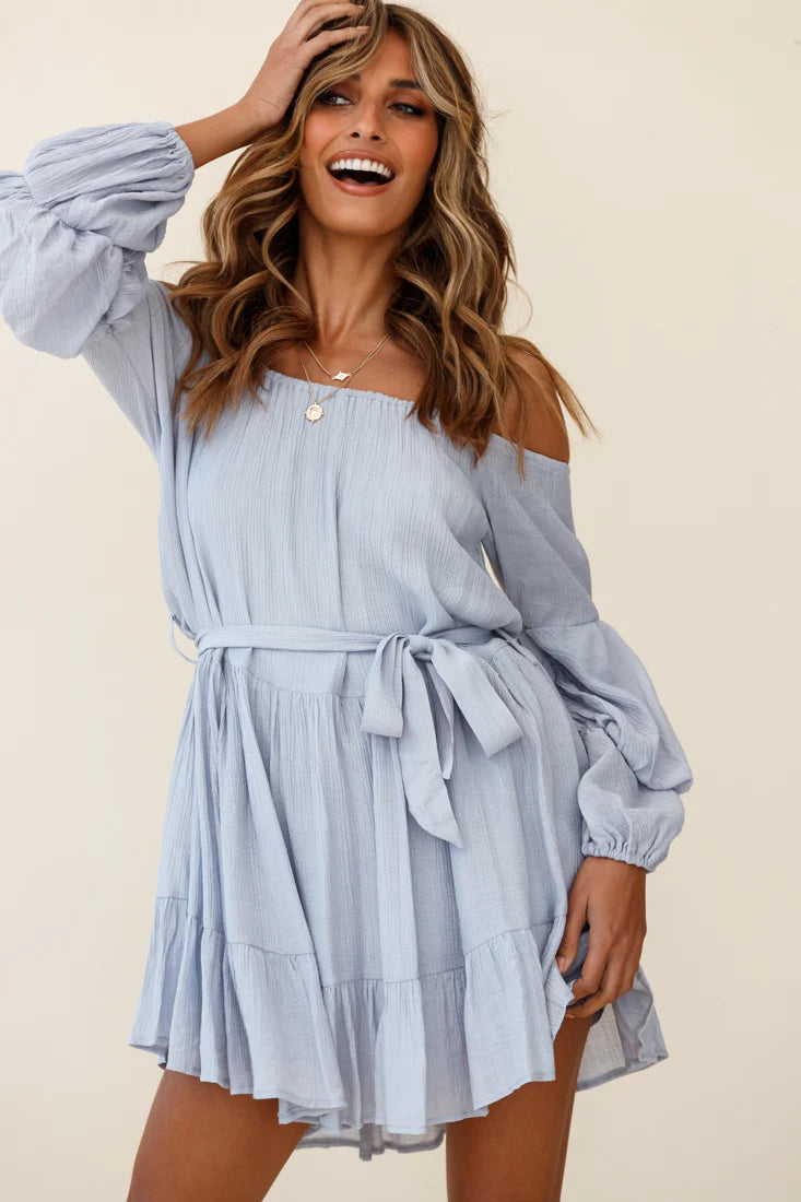 Frida Off-Shoulder Waist Tie Dress Grey