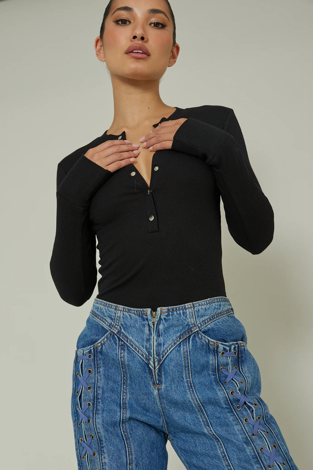 Henley Snap Front Bodysuit Black