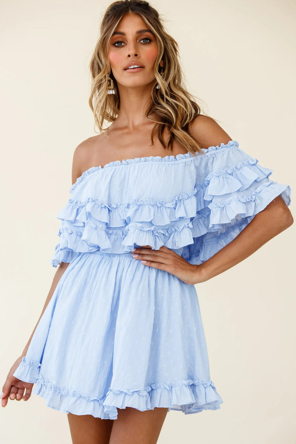 Meet Me At Sunset Bardot Neckline Frill Trim Dress Spotty Steel Blue