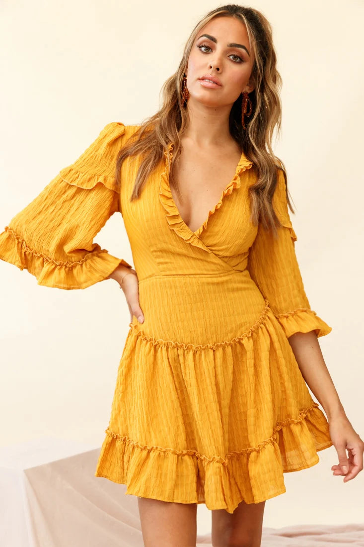 Albany Lace Up Back Frill Dress Shirred Mustard
