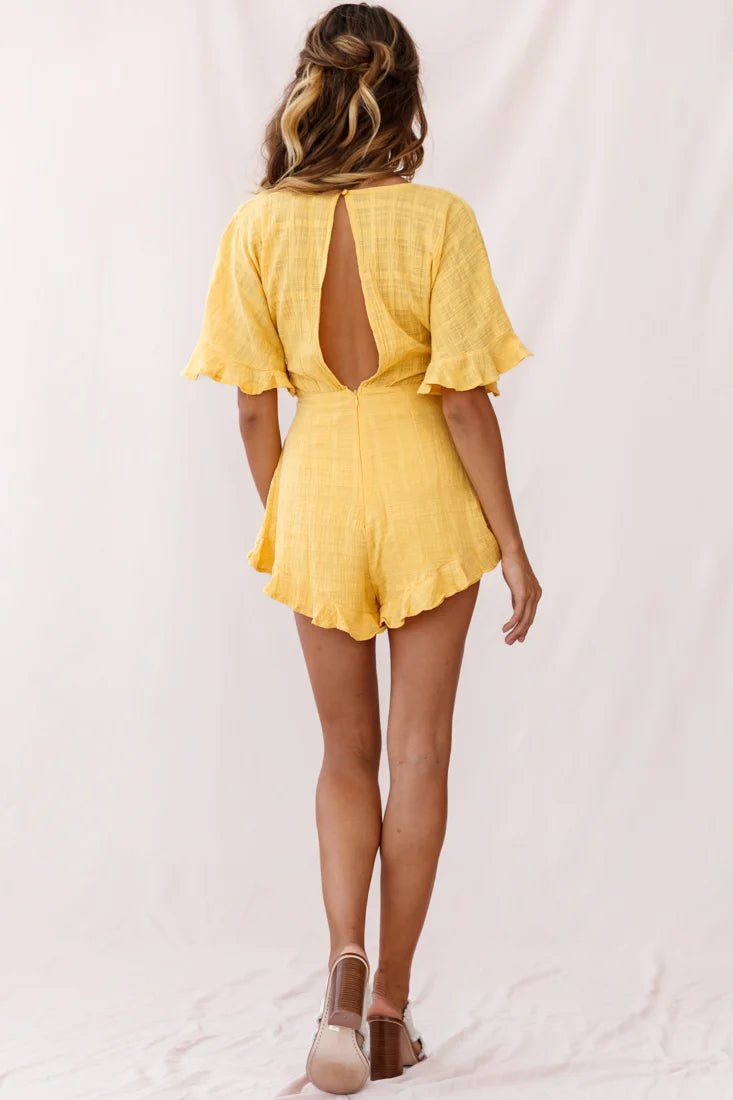 Karin Frill Trim Waist Tie Romper Mustard