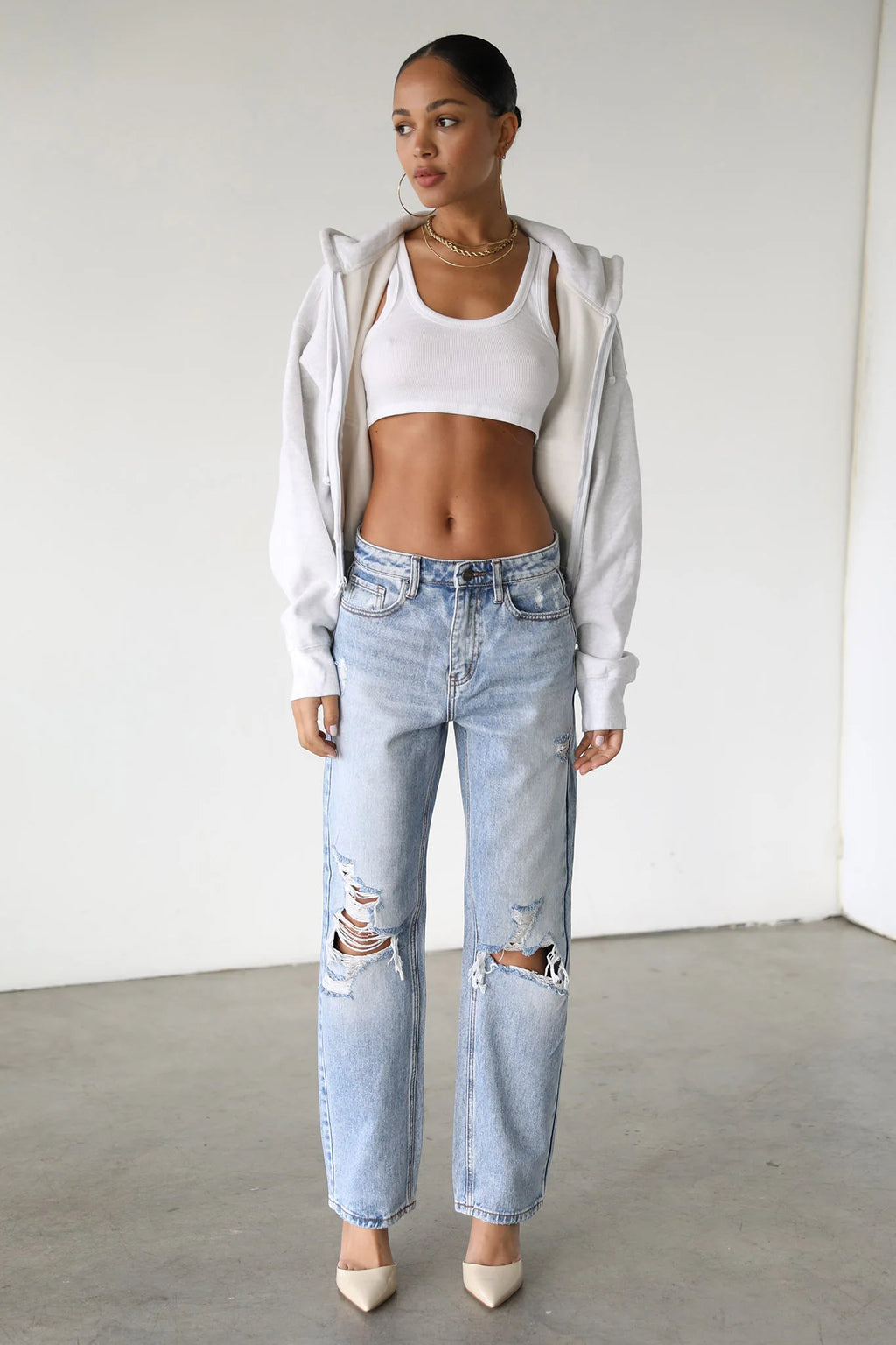 DOGMA High Rise Straight Leg Denim Jeans Distressed Light Wash